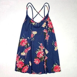 PAPERMOON Strappy Tank Top‎ 2X Navy Blue with Red Yellow White Floral Flowy Soft